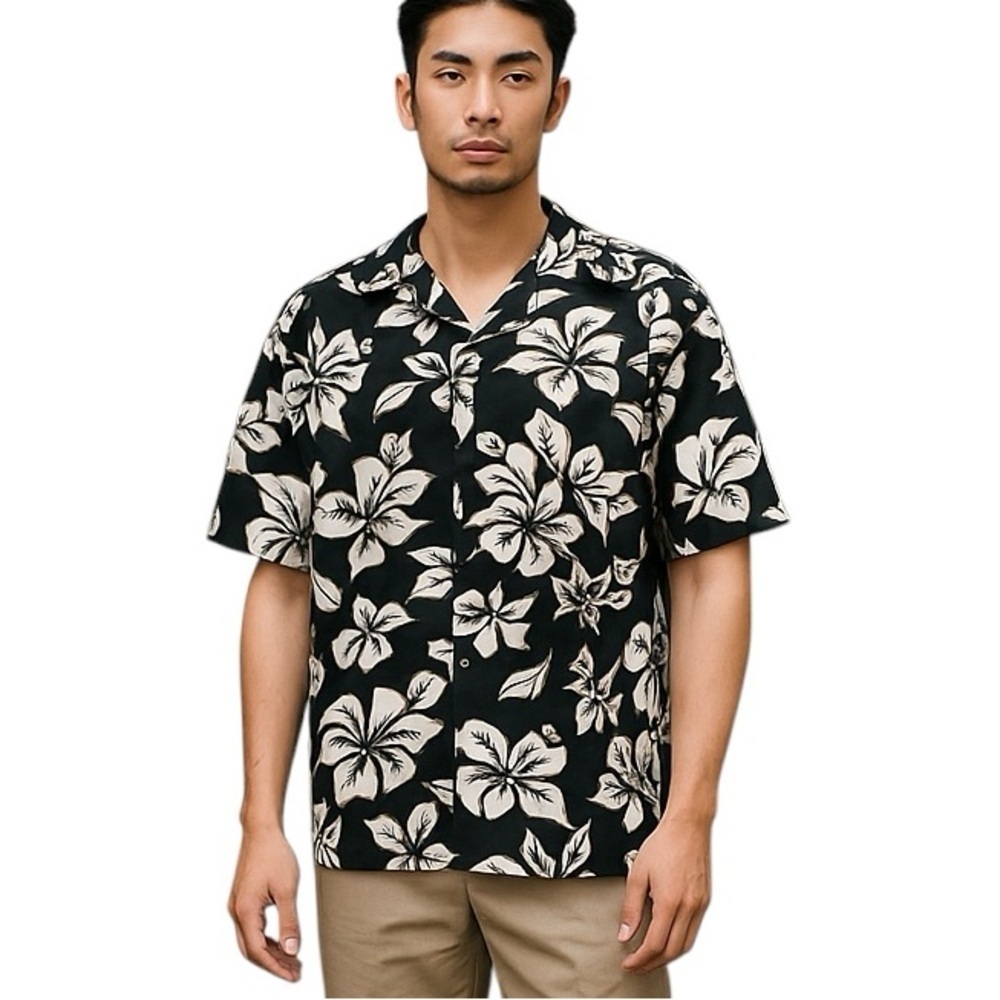 Men’s Surfwaves Medium Hawaiian Hibiscus Short Sleeve Button Up Shirt Casual